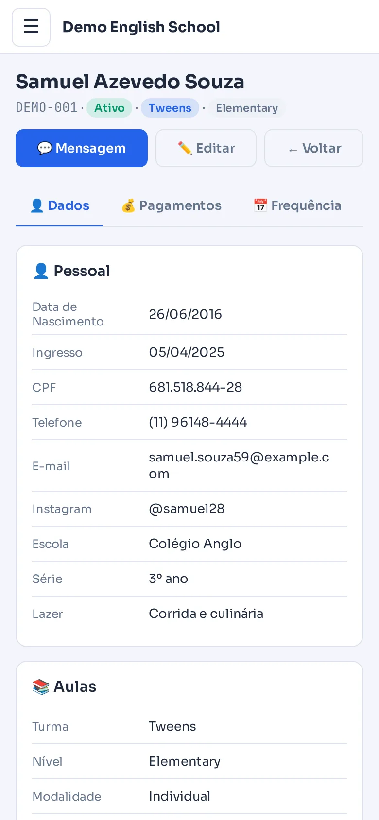 Perfil do aluno no celular